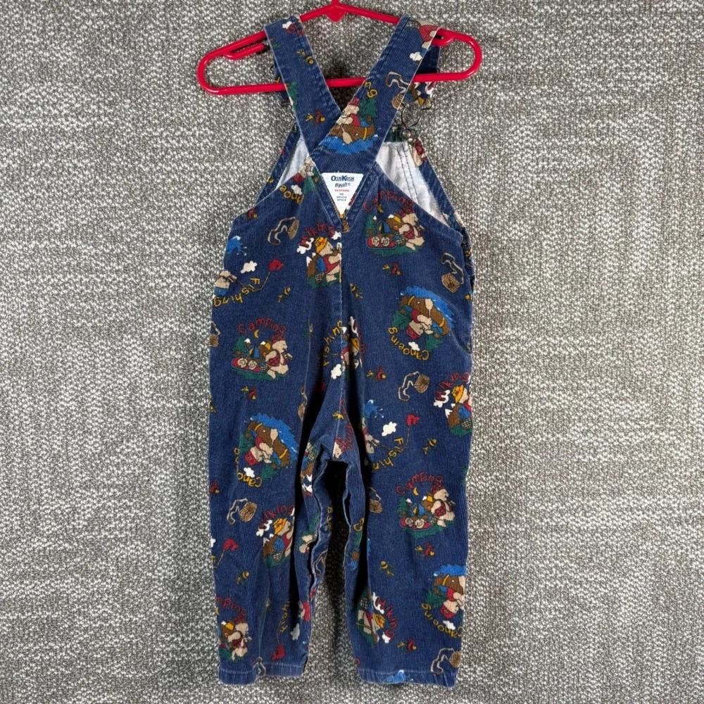 OshKosh B'gosh Vintage Corduroy Overalls Kids 2T Blue Camping Fishing Bear USA